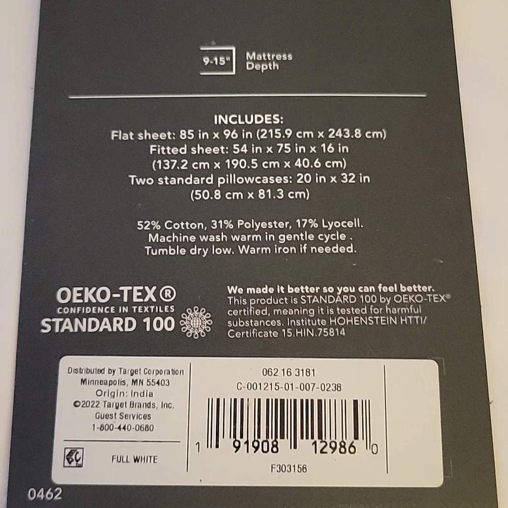 Threshold Tri Ease sheet set 500 Thread Count Sateen White FULL 9-15